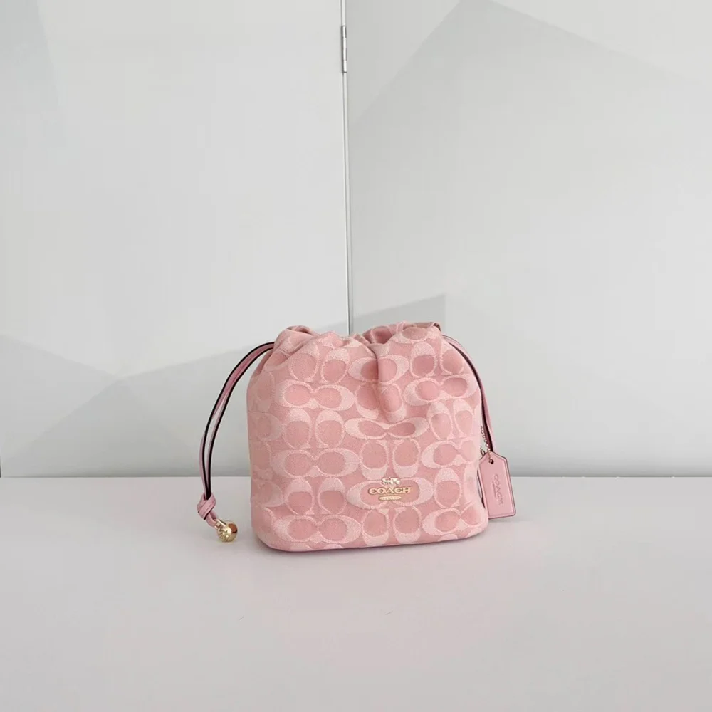 Coach Pink Signature Jacquard Mini Bucket Drawstring Crossbody Bag